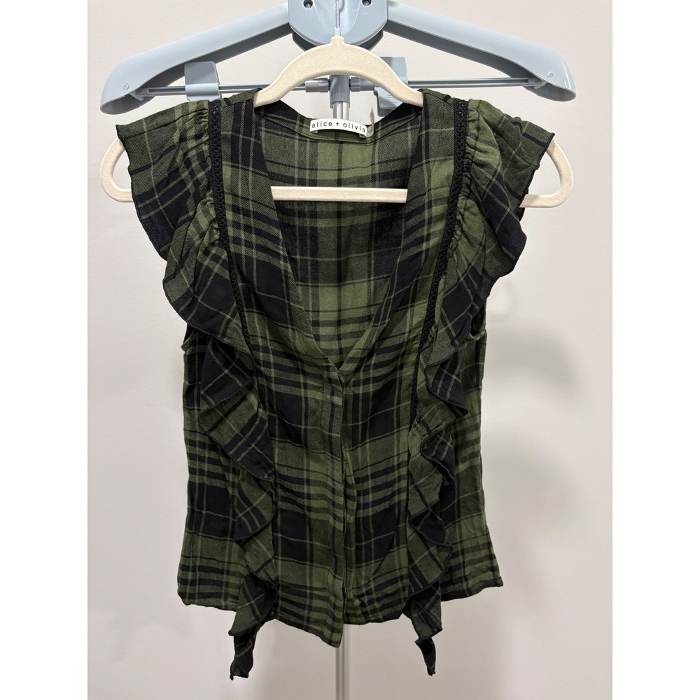 Alice + Olivia Janet Side Ruffle Blouse Plaid Army Green Black Flannel Size XS